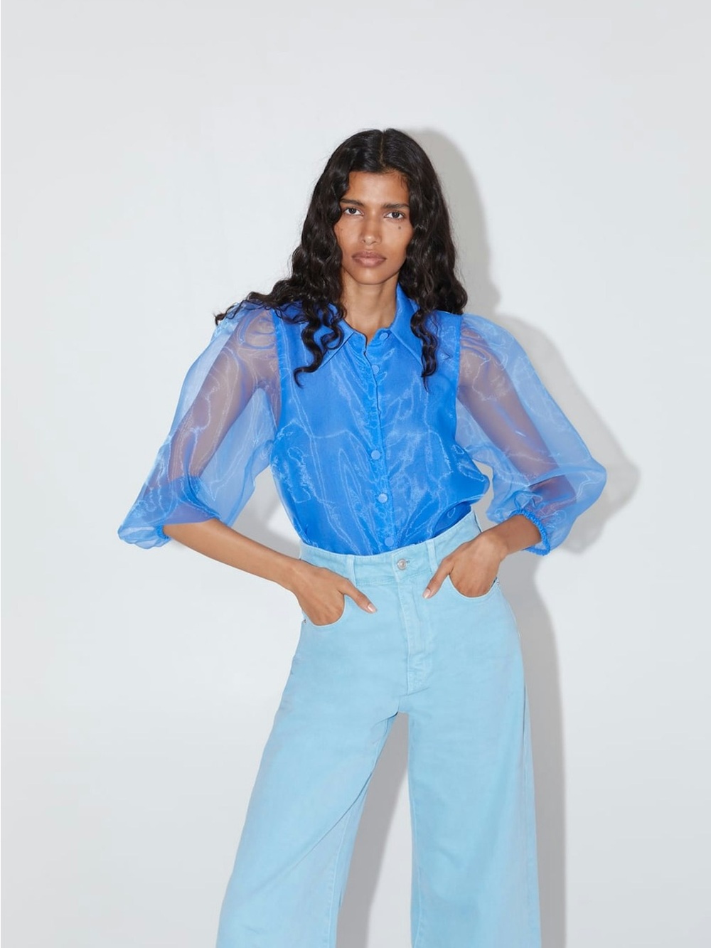 Zara Blue Sheer Puff Sleeve Button-Down Shirt